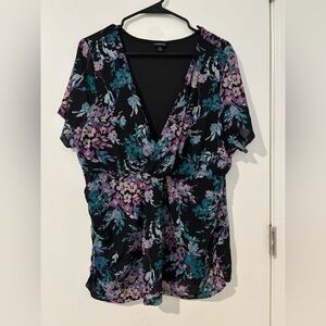 Torrid Black and Blue Flutter Sleeve Wrap Blouse